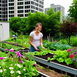 **Urban Agriculture Connection with Nature**: "An urban garden nestled between tall buildings, featuring vibrant flowers and lush greenery. People of diverse backgrounds are tending to plants, smiling and enjoying the serene environment, evoking a sense of peace and connection to nature."