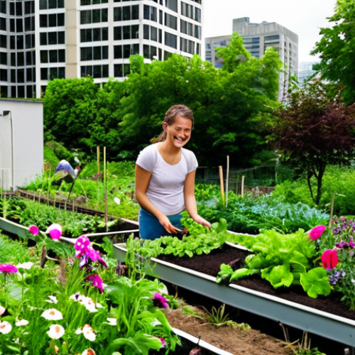 Home 13 **Urban Agriculture Connection with Nature**: "An urban garden nestled between tall buildings, featuring vibrant flowers and lush greenery. People of diverse backgrounds are tending to plants, smiling and enjoying the serene environment, evoking a sense of peace and connection to nature."