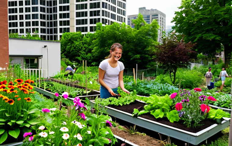 **Urban Agriculture Connection with Nature**: "An urban garden nestled between tall buildings, featuring vibrant flowers and lush greenery. People of diverse backgrounds are tending to plants, smiling and enjoying the serene environment, evoking a sense of peace and connection to nature."