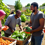 A diverse group of people joyfully harvesting vegetables together in a community garden, sunshine, laughter, overflowing baskets, showcasing the benefits of shared labor and resources.
