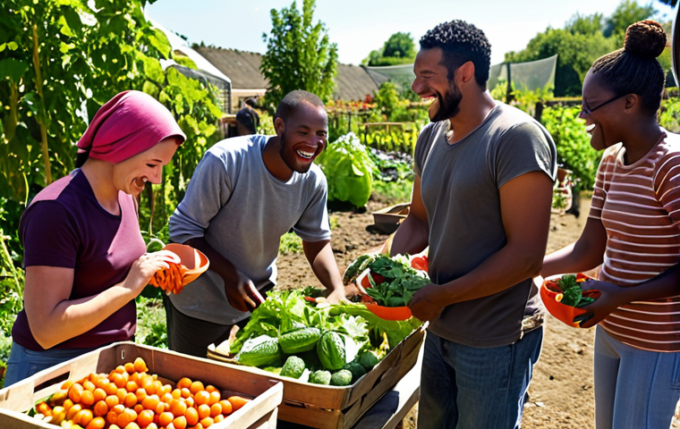 A diverse group of people joyfully harvesting vegetables together in a community garden, sunshine, laughter, overflowing baskets, showcasing the benefits of shared labor and resources.